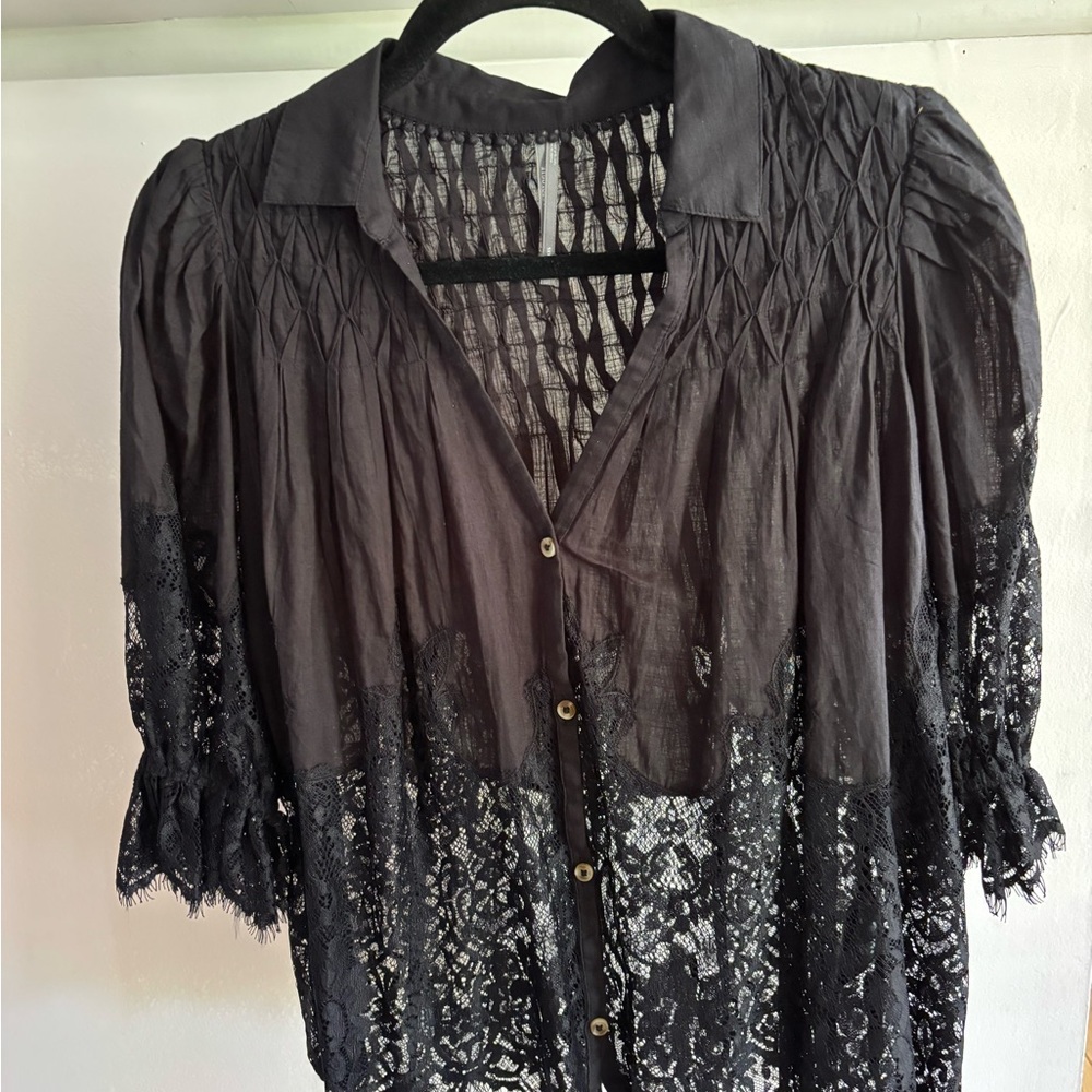 Anthropologie Charcoal Lace Button-Up Blouse